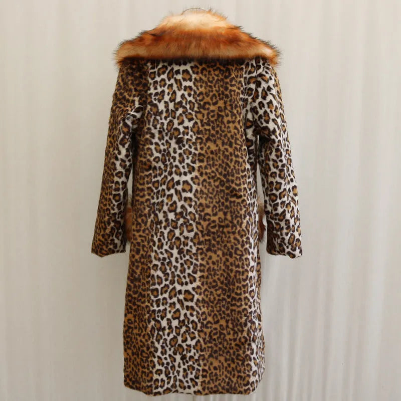 Long artificial fur jacket in leopard print, 80cm length, regular sleeves, for women's street fashion