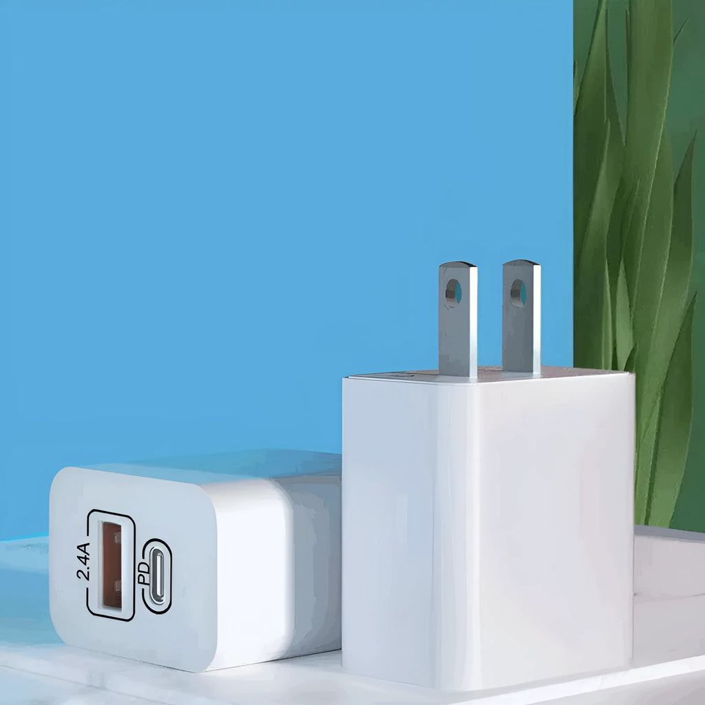 Travel charger with fast charge PD interface for Android phones, bare metal finish, compatible with AU EU UK US outlets