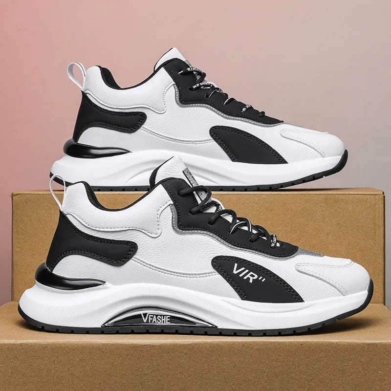 Men's low top running shoes in G718 Black with microfiber upper, EVA platform sole, and front lace-up