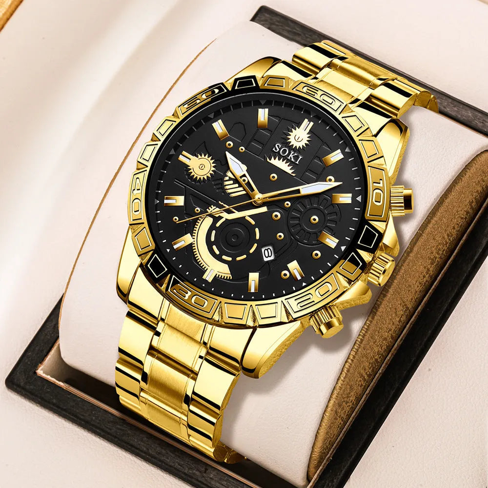 Men's gold stainless steel business watch with calendar display and 10mm thickness