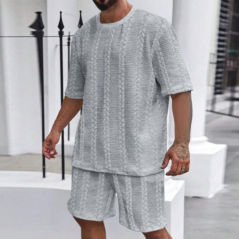 Knitted jacquard summer casual set with round neck pullover top and matching shorts in light grey colour