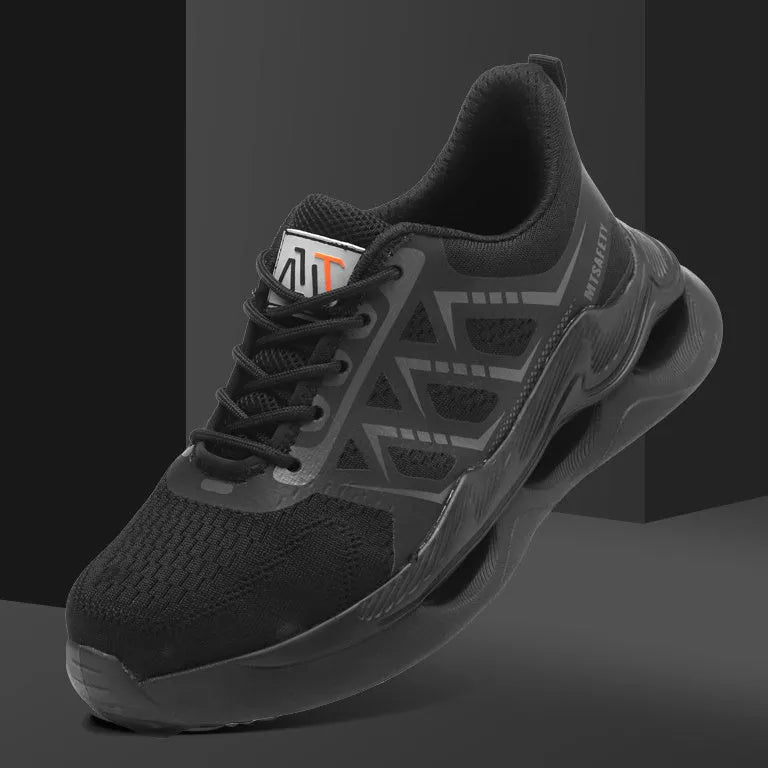 Black steel toe cap labour protection shoes with flat-knitted uppers and lace-up front.