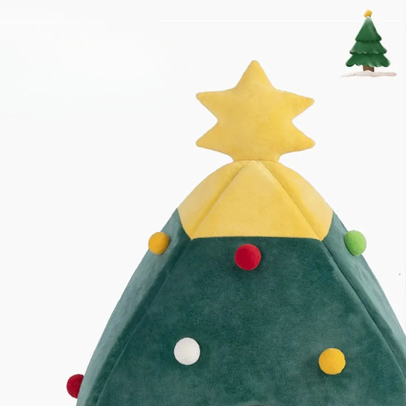 Christmas tree-shaped plush cave pet bed for cats and dogs with detachable cover in three available sizes