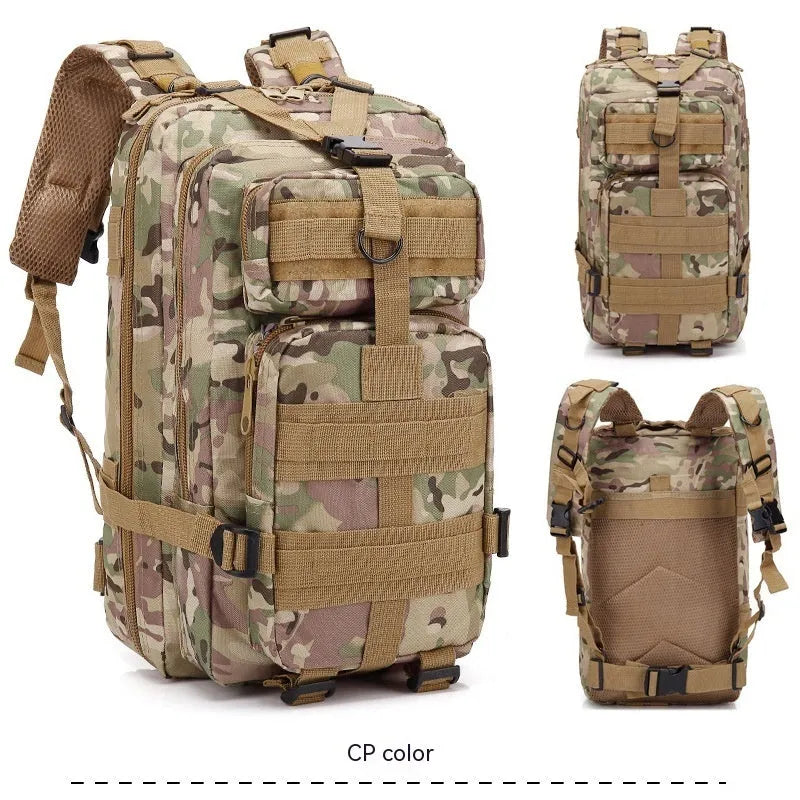Off-road hiking backpack with air pillow belt system in khaki colour, showing 45cm height and wear-resistant Oxford cloth material