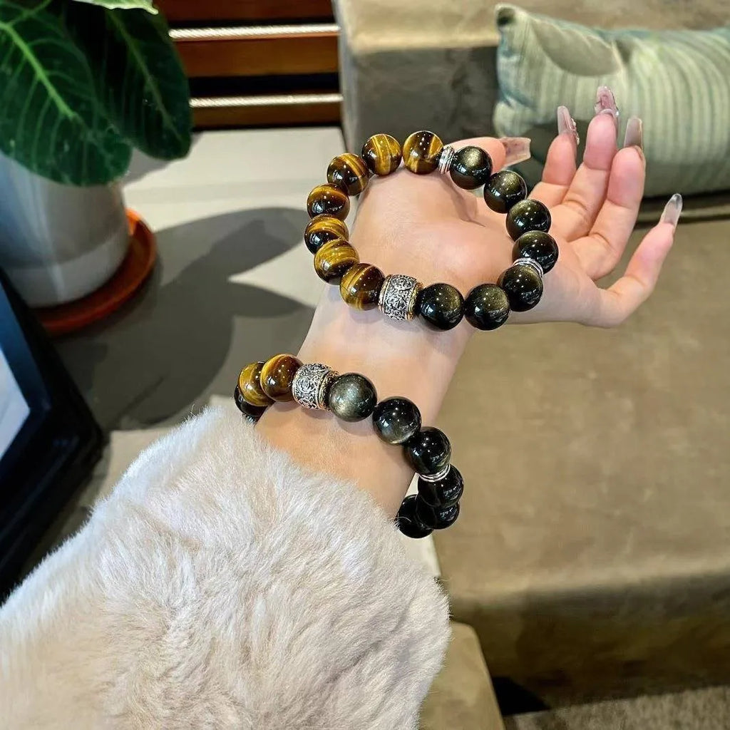Women's Tigereye Silver Stone double bracelet with gold inlay decoration showing U-shaped design