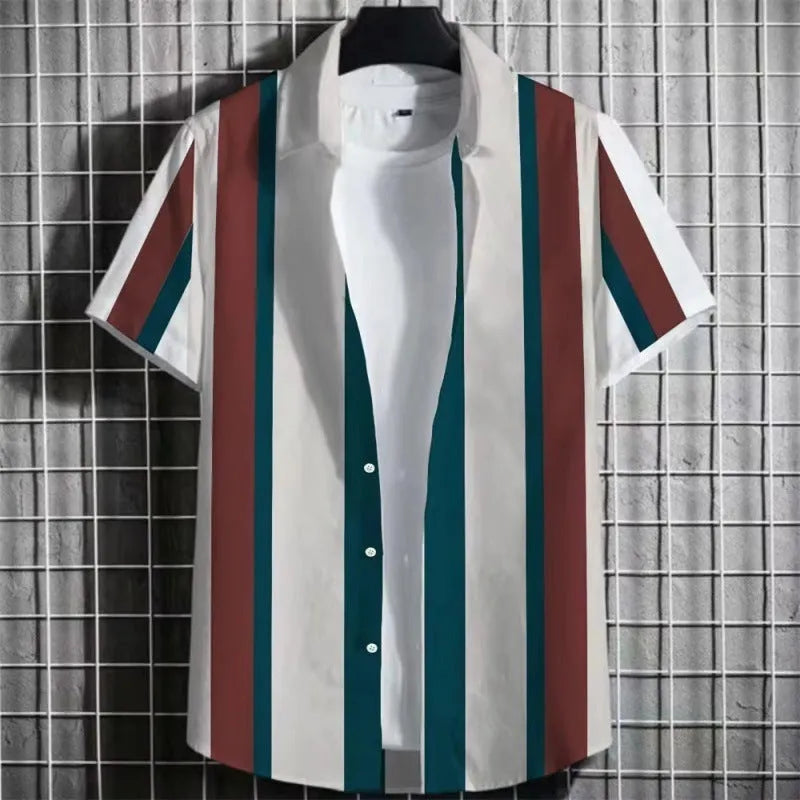 Men's linen short sleeve t-shirt with a simple striped 3D printed graphic on the front.
