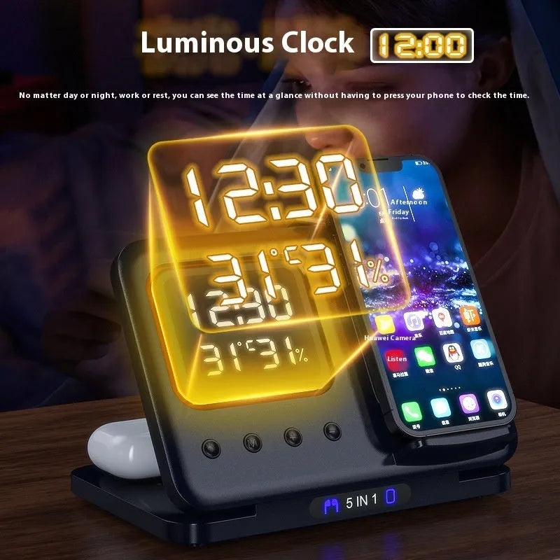 Black and white wireless charging stand with digital clock displaying time and temperature, charging a phone and smartwatch.