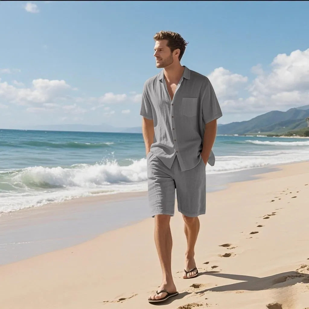 Linen short sleeve shirt and shorts set in Army Green colour, showing breathable fabric and casual style