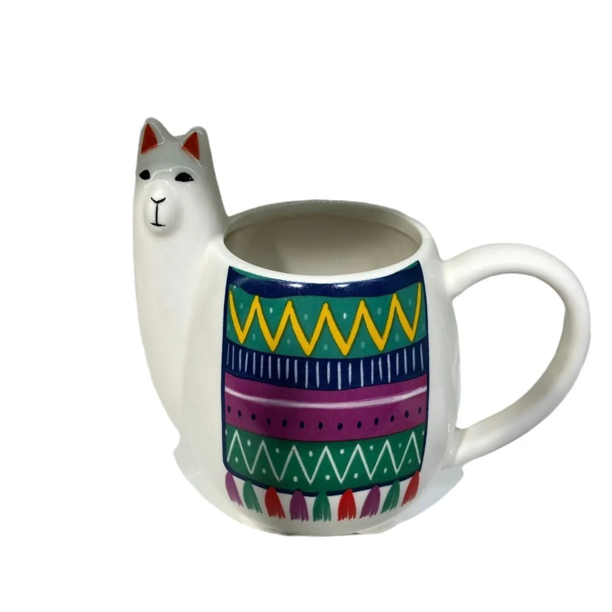 Colourful cartoon alpaca design on a white ceramic mug with a handle.
