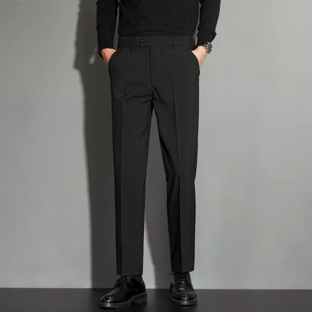 Men's straight-leg suit trousers with spring draping effect in apricot colour, showing waist to ankle design