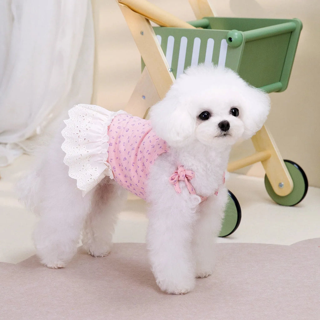 Cotton princess style pet dog clothes in light purple, beige, and pink, sizes S to XXL