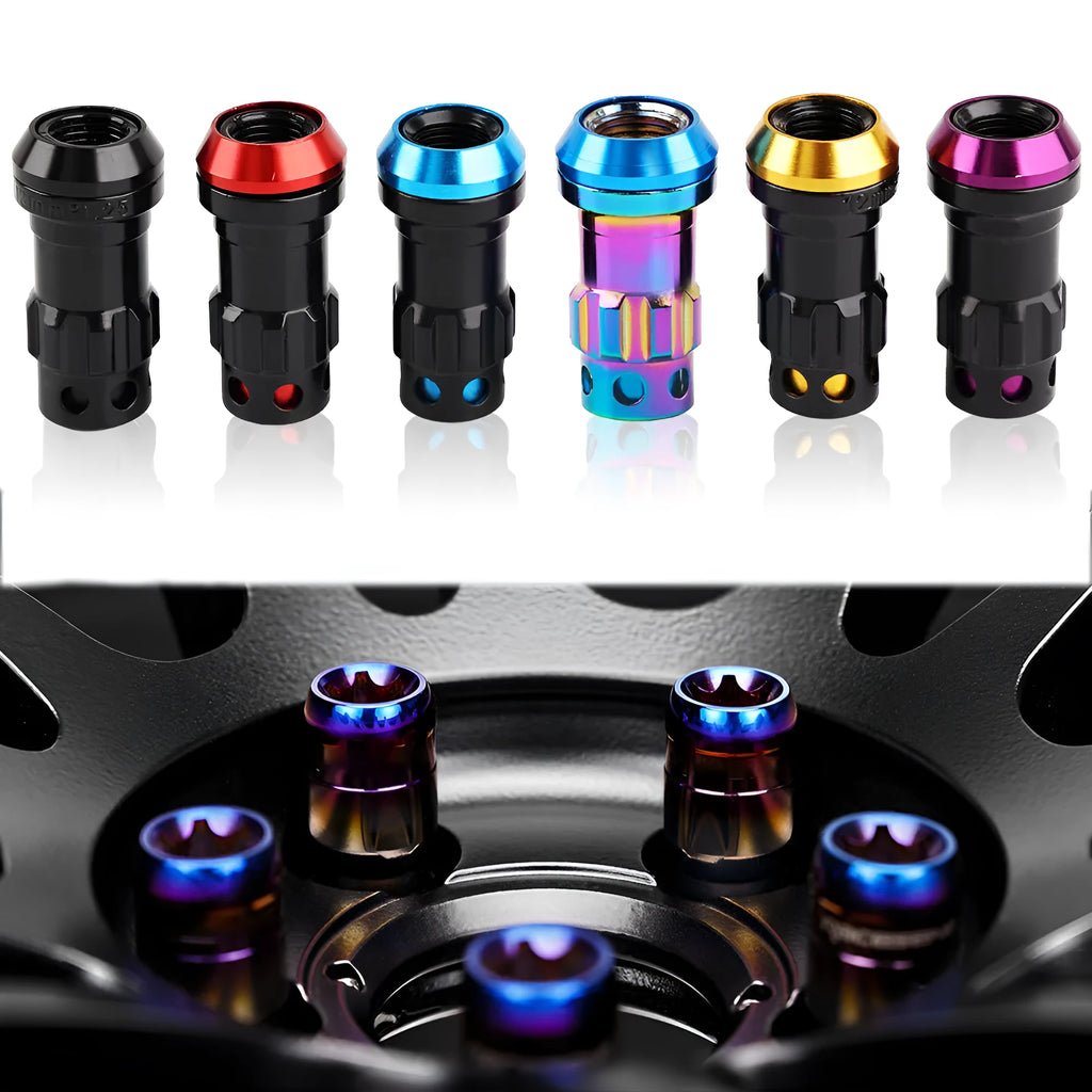 Set of aluminium alloy flat head wheel nuts in assorted colours including black, red, blue, gold, and purple.