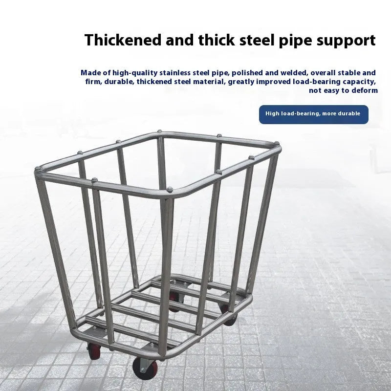 Stainless steel hotel housekeeping linen trolley with multiple tubes and a fabric bag.
