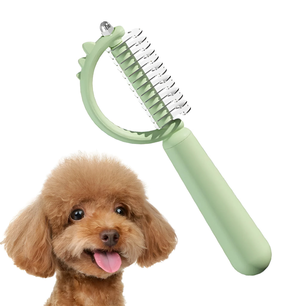 Blue dinosaur-shaped cat brush with stainless steel bristles for grooming and self-cleaning function