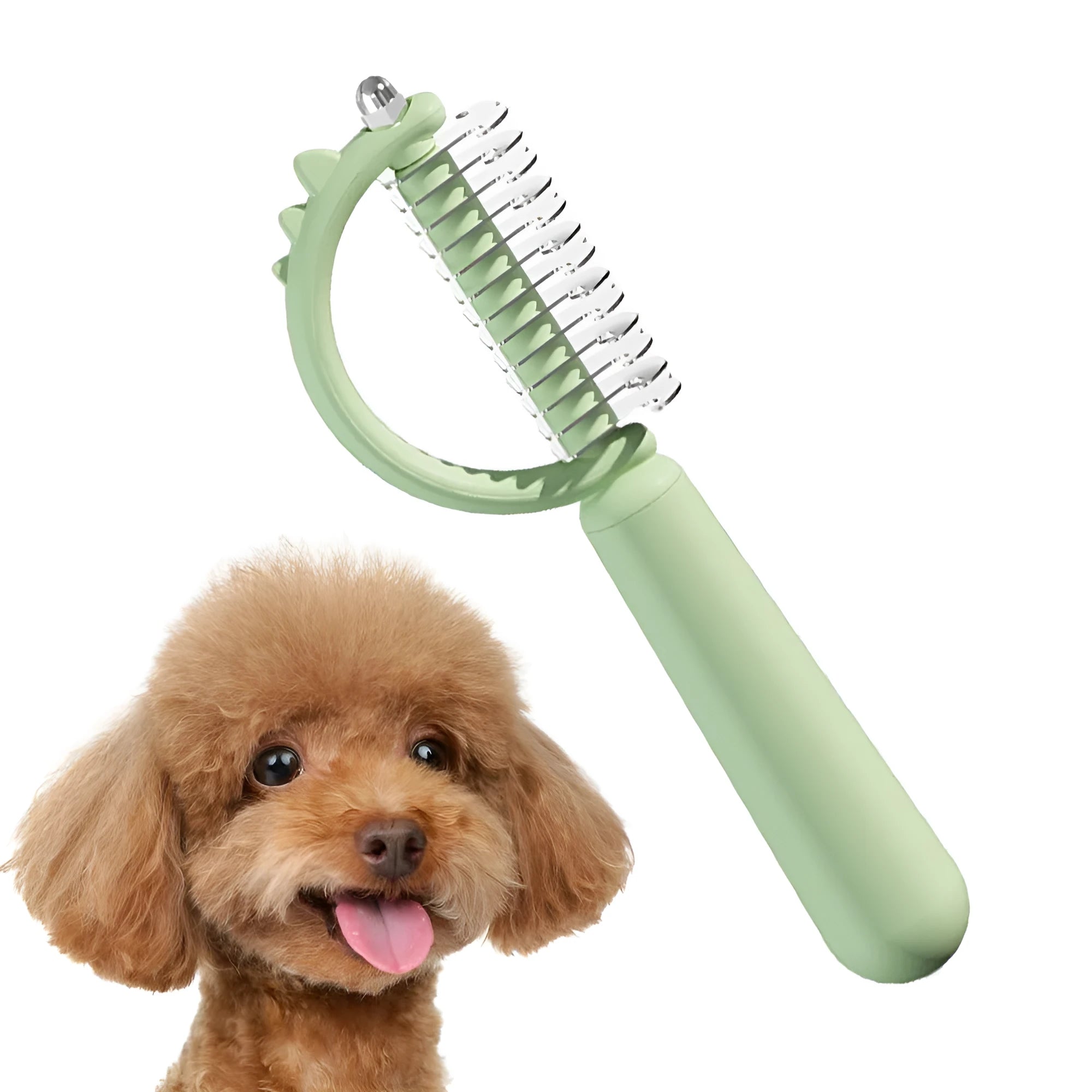 Blue dinosaur-shaped cat brush with stainless steel bristles for grooming and self-cleaning function