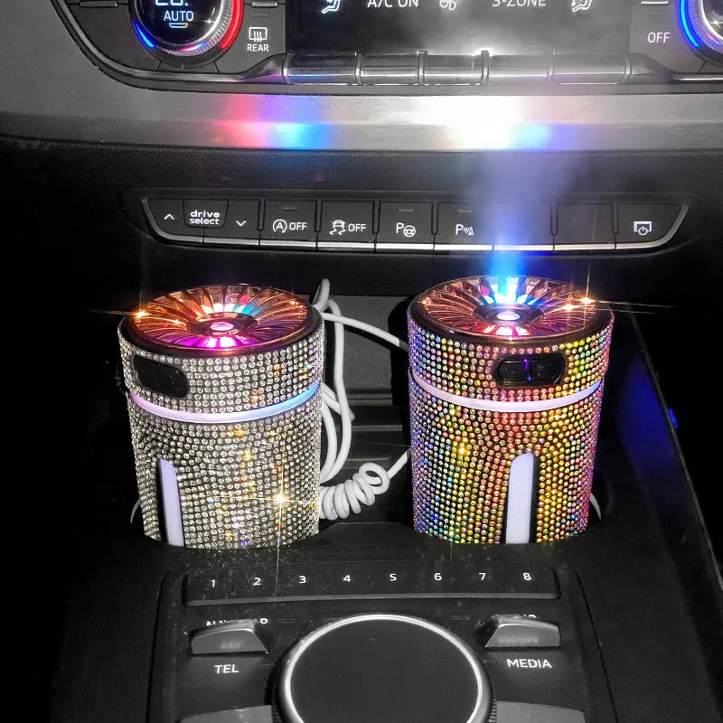 Compact diamond pattern car humidifier with colourful LED lights and USB cable for vehicle or desktop use