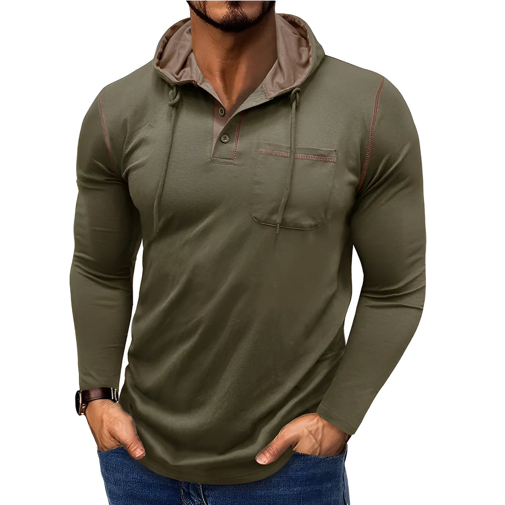 Men's black cotton blend hooded Henley shirt with long sleeves on a hanger