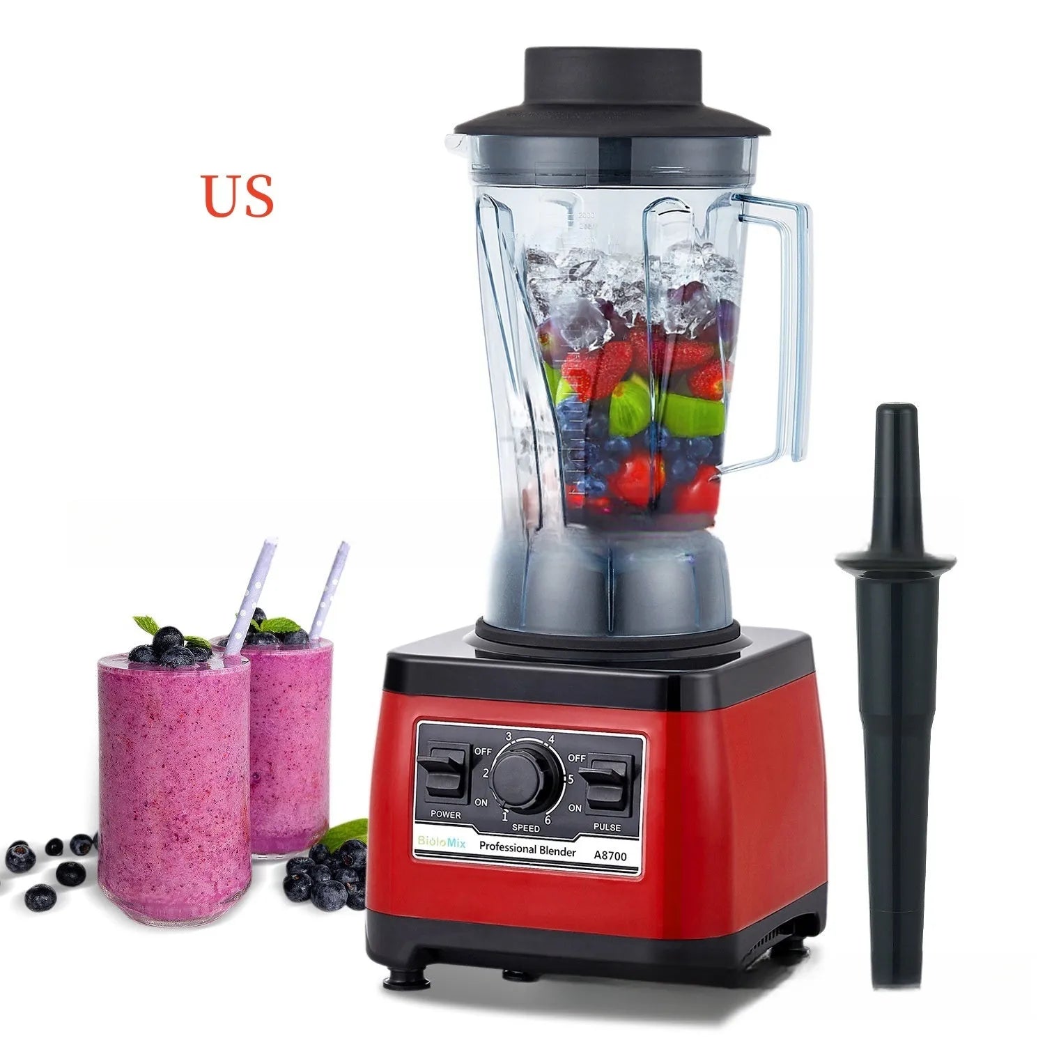 Red commercial blender with 2200W motor and 2L capacity for industrial kitchen use