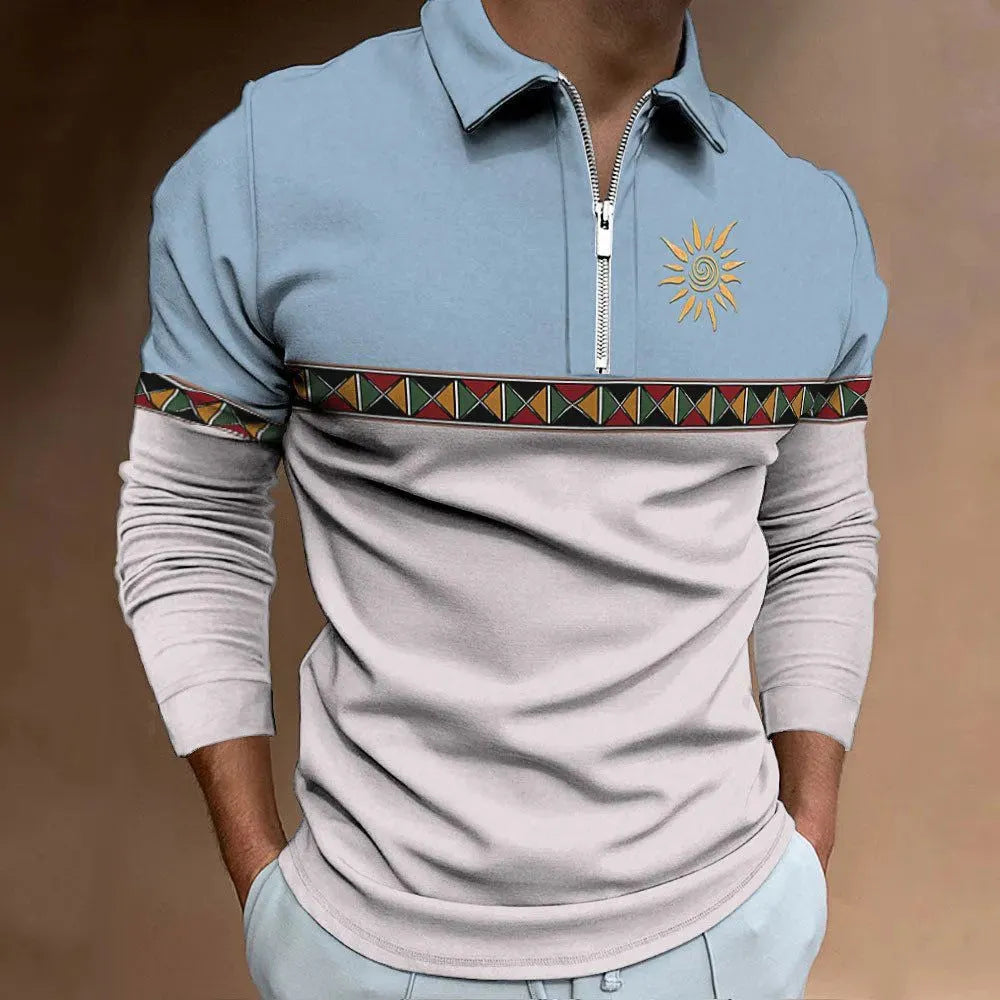 Men's loose-fit long-sleeve polyester t-shirt with stripe pattern and zipper decorations in multiple colour options