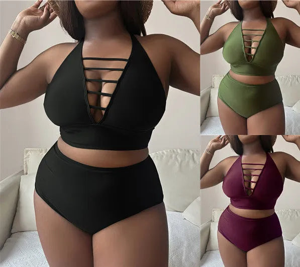 Plus size adjustable halter bikini with high-waist briefs in black, showing backless design and cross shoulder straps