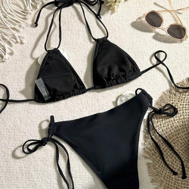 Black three-dimensional flower lace bikini with backless briefs and split design