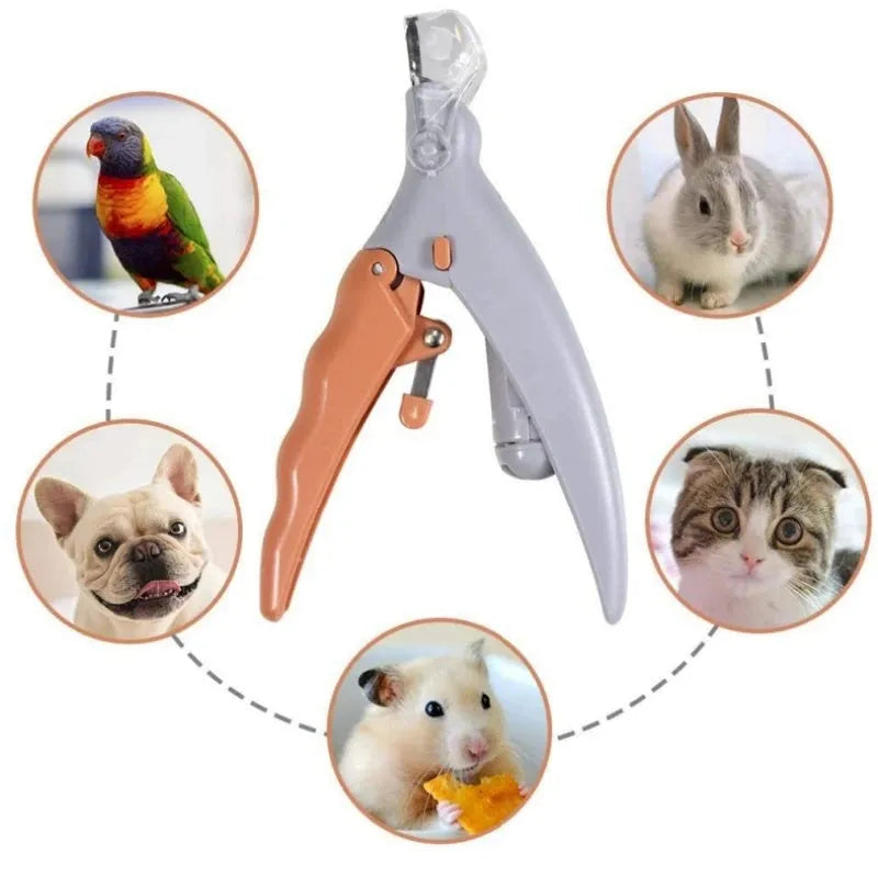 Yellow pet nail clipper with LED light on, magnifying lens, and safety guard for dogs and cats