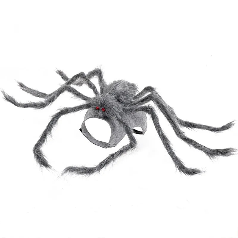 Halloween pet costume with big spider design on dog back, showing grey colour option with eight leg extensions