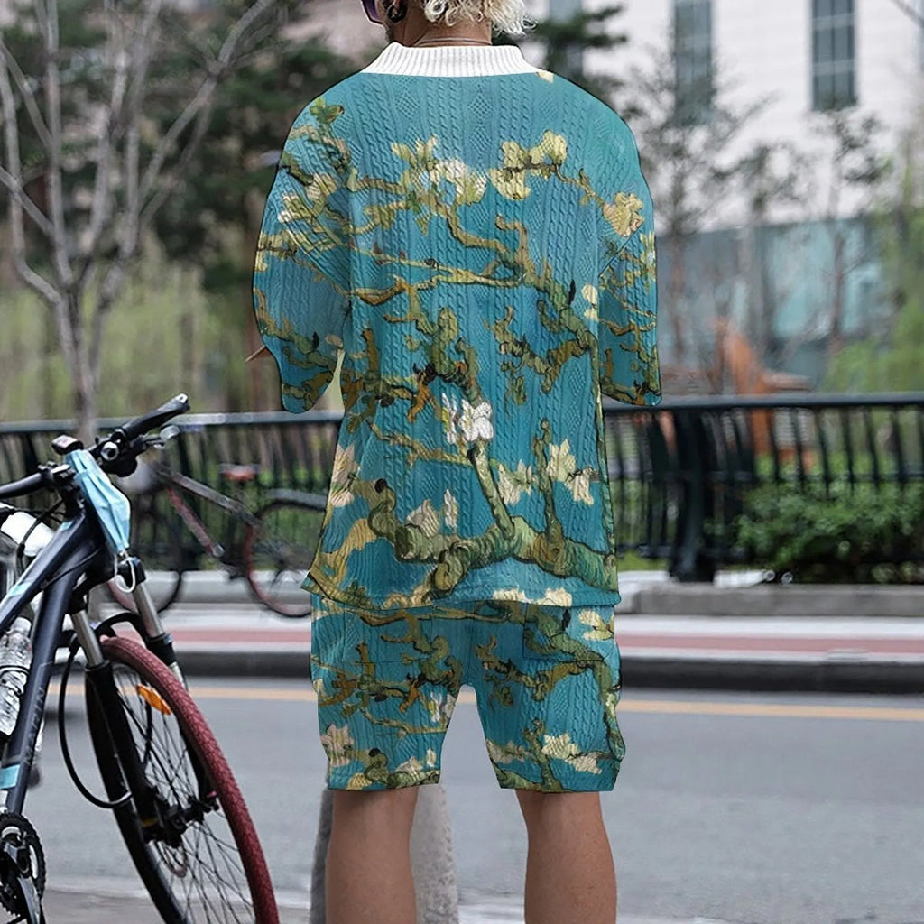 Men's peacock blue 3D printed knitted shorts suit with fifth pants length and T-shirt style jacket