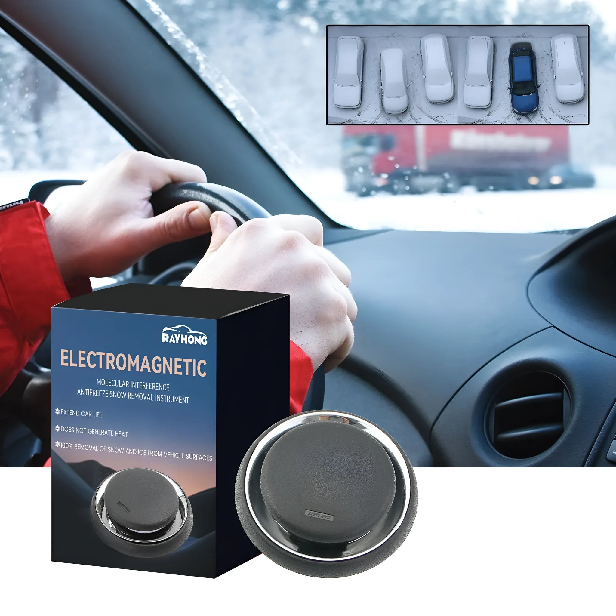 Black plastic portable car deicing instrument showing compact square shape.