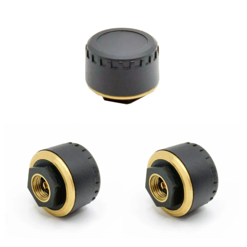 Bluetooth tyre pressure monitor with four sensors showing smartphone app display of real-time pressure readings