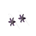 Purple flower-shaped alloy earrings with electroplated finish on white background