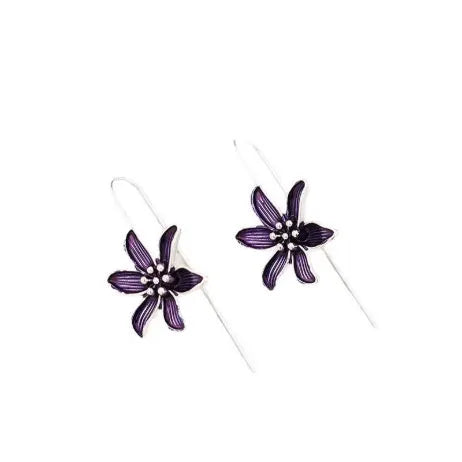 Purple flower-shaped alloy earrings with electroplated finish on white background