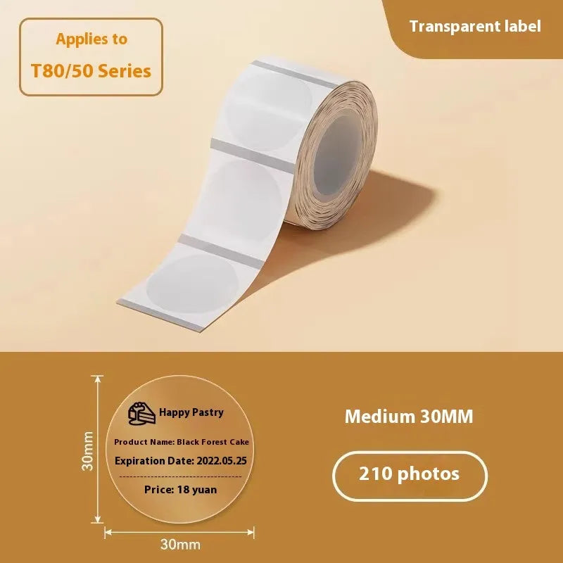 Transparent waterproof adhesive sticker labels in various sizes on thermal synthetic paper
