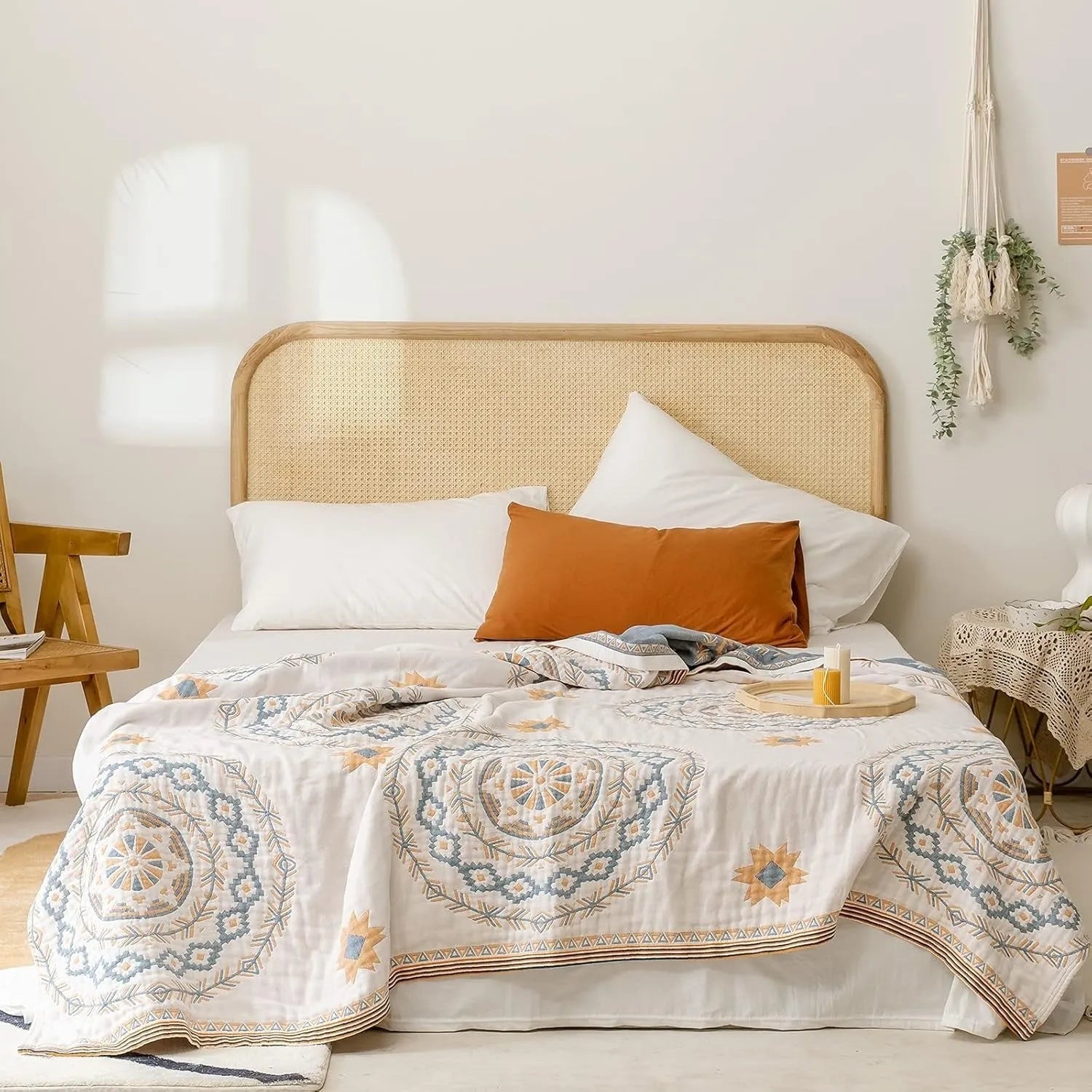 Simple cotton cloth towel blanket with geometric pattern in 180x200cm or 200x230cm size on a sofa