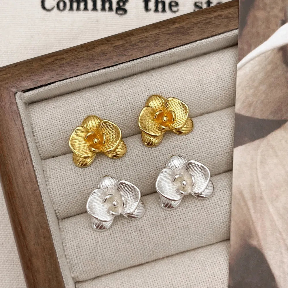 Copper flower earrings with petal design in gold or silver electroplated finish