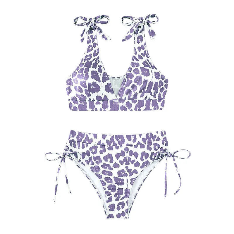 Women's purple leopard print swimsuit with lace-up chest detail and high-waist shorts