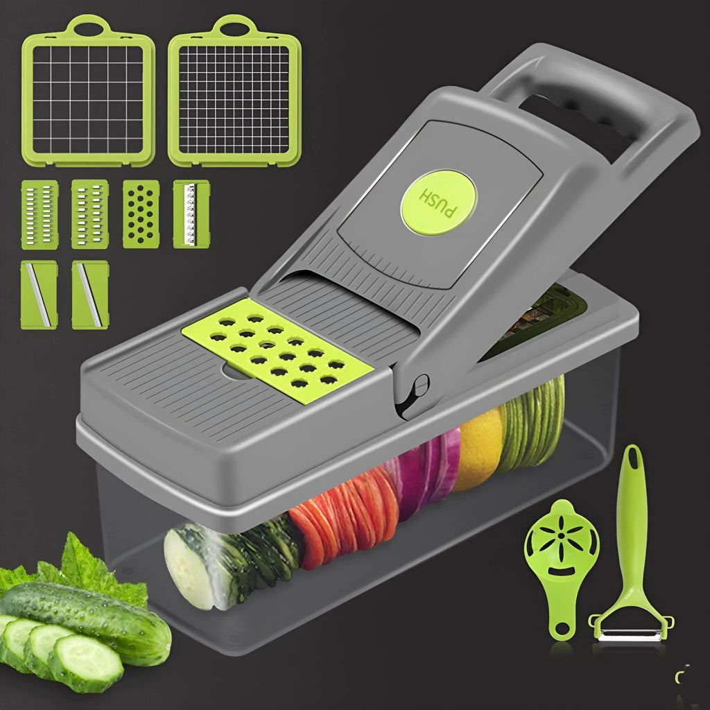 Grey stainless steel vegetable cutter with interchangeable blades and kitchen accessories