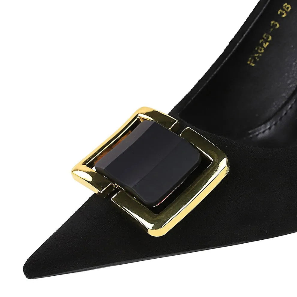 Black women's stiletto heel shoes with suede upper and 9cm heel height