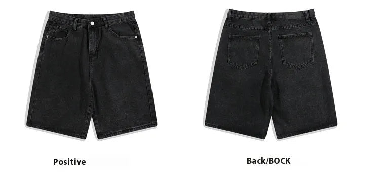 Men's light blue denim shorts with five pockets and a straight-leg cut on a mid-waist.