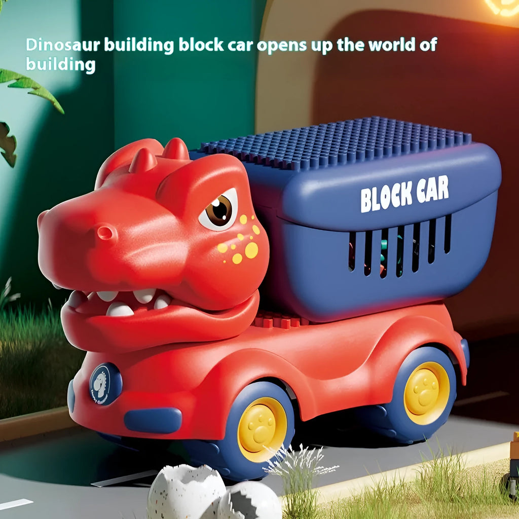 Large particle plastic building block toy car on wheels for children aged 4 to 6, in dinosaur duck shovel and pressure car themes