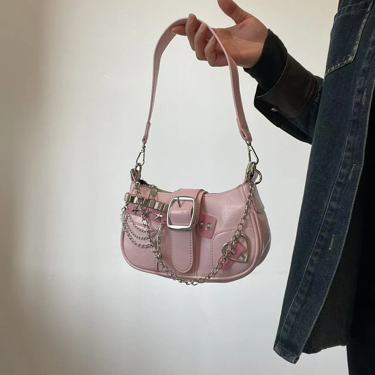 Women's soft PU underarm shoulder bag with chain, horizontal square shape, phone pocket, in pink, black or white.