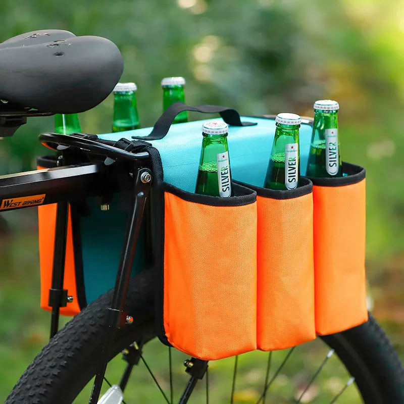 Black bicycle drink bag mounted on bike frame showing double-sided access and 2-litre capacity