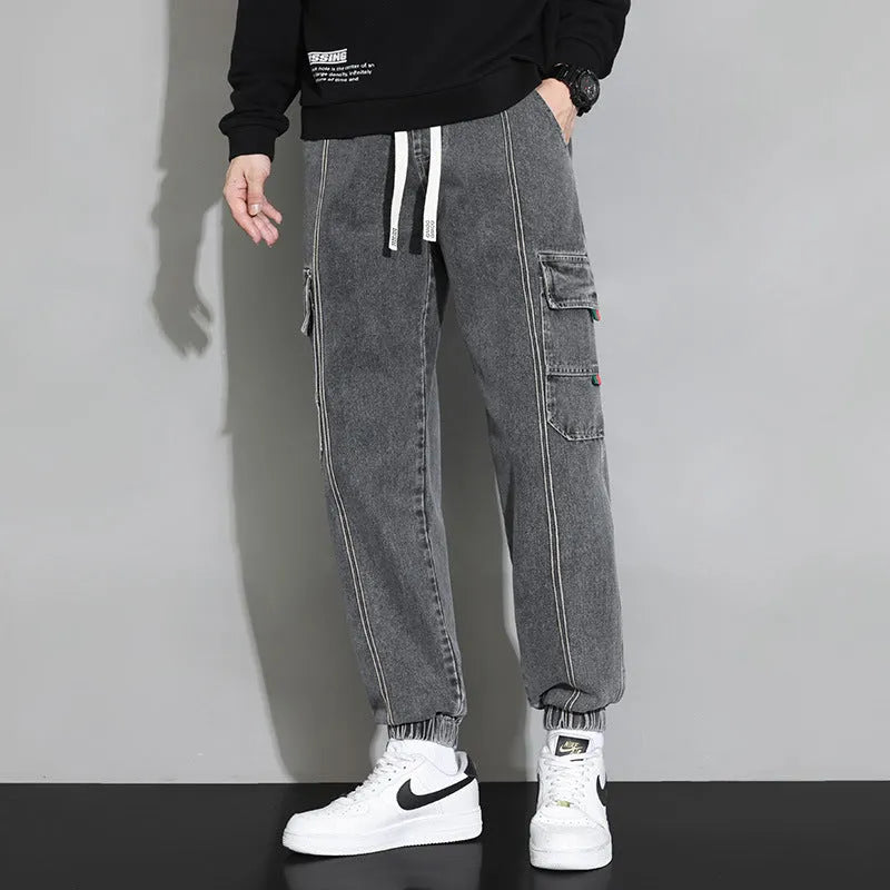 Men's retro workwear jeans in grey, black, blue, or retro colour, loose fit cotton trousers with zip fly, sizes M to 4XL.