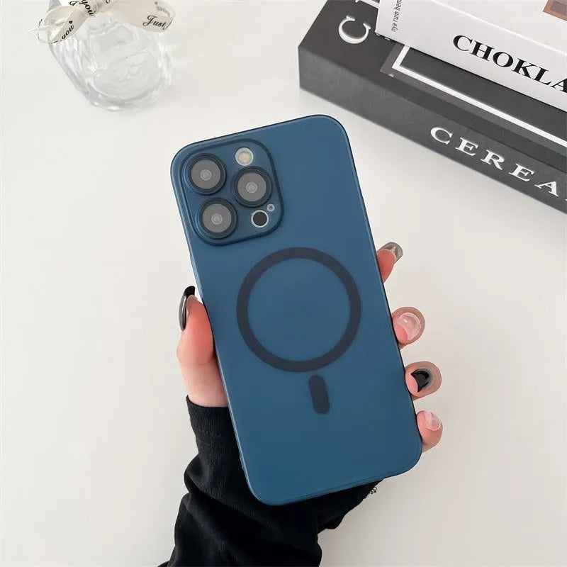 Ice Mist coloured frosted magnetic all-inclusive case for iPhone on a MagSafe charger