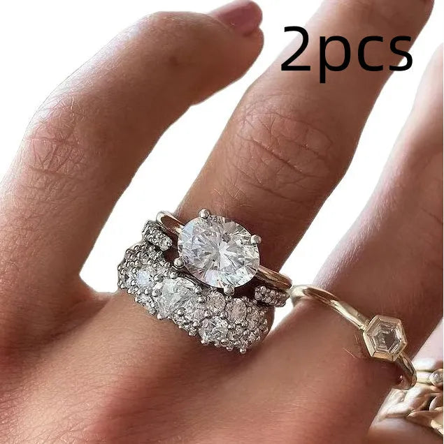 Women's white alloy three-piece ring set with geometric oval mosaic design and zircon detailing