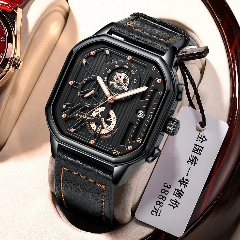 Men's sports quartz watch with 8mm thickness, belt-style strap in black shell and gold nail colour option