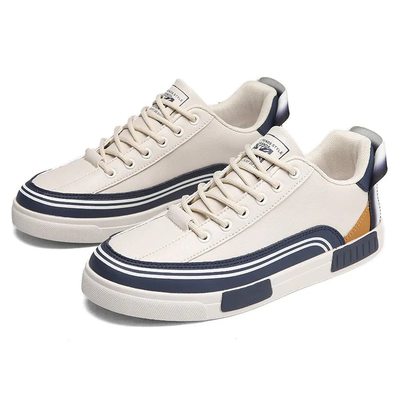 Men's beige, white and green canvas casual shoes with mesh panels, flat heel, and round toe.