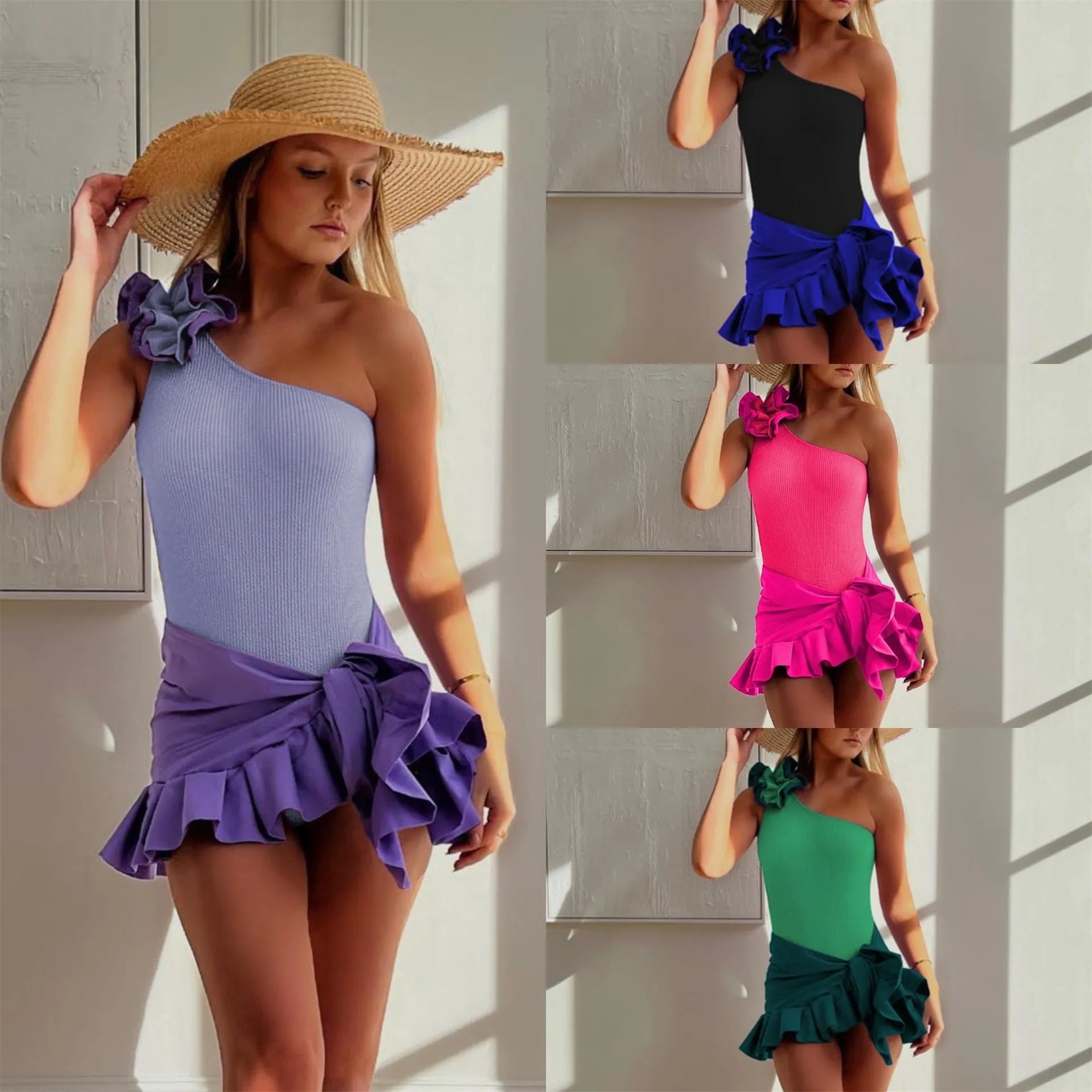 Women's single-shoulder suspender tube top one-piece swimsuit with high-waist design in solid colour