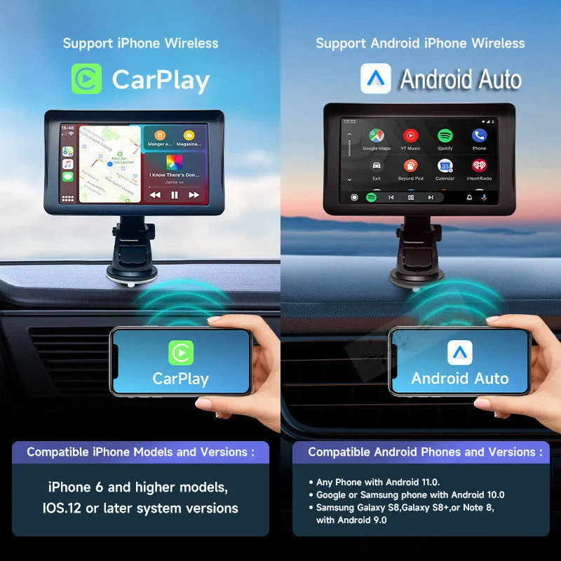7-inch IPS car smart screen with Wireless CarPlay on windshield, showing navigation display and retractable bracket