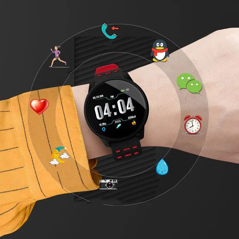 Unisex smart watch with black rubber strap and 1.3-inch screen for Android fitness tracking
